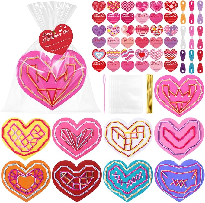Capoda 18 Sets Valentines Gifts Bulk Lacing Cards Educational Threading Toy for Wooden Lacing Card Toys with Colorful Threads for Develop Imagination Early Education Learning Activity(Valentines)