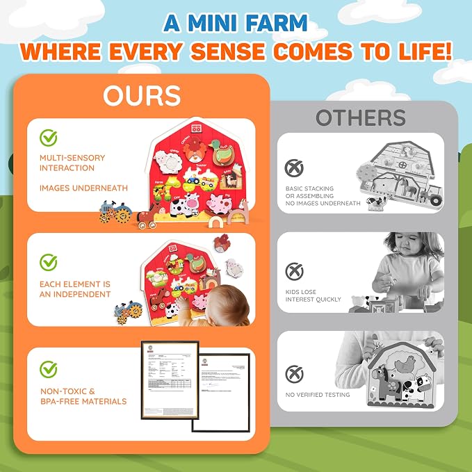 KALOTOYS Wooden Farm Animal Puzzle for Toddlers 1-3 – 8 Piece Montessori Sound & Sensory Puzzle with Textures & Spinning Tractor Gears – Fine Motor Learning Toy & Autism-Friendly Baby Gift