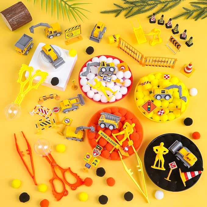 260Pcs Construction Sensory Bin Filler Construction Fine Motor Sensory Bin Items Pom Poms Vehicles Road Signs Worker Figures for Summer Counting Sorting Training Decor