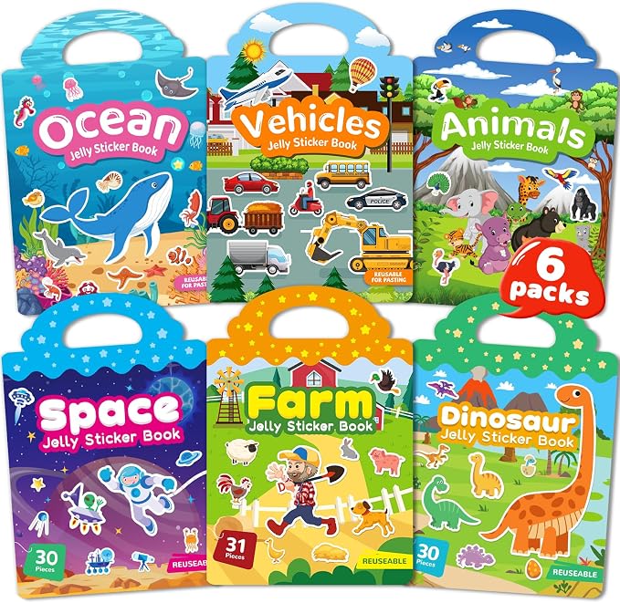 Zartores 6 Pack Jelly Reusable Sticker Book for Toddlers, Stickers for Kids | Screen-Free Travel Toys, Mess-Free Toddler Activities Toys, Airplane Car Road Trip Essentials Kids, Boys Girls Birthday Gift