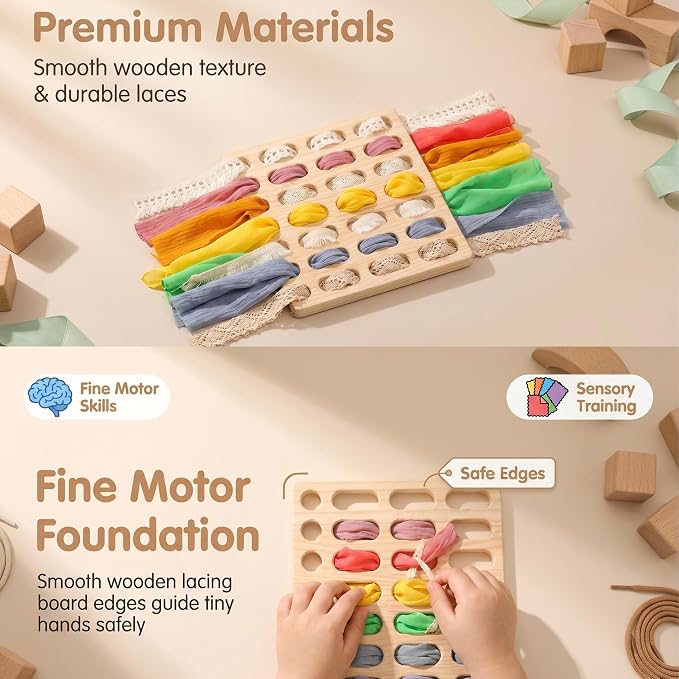 Eray Wooden Busy Board with Play Silks, Montessori Weaving Toy for Kids | Bus Fine Motor Skills Open Ended Toys Lacing and Weaving Toy Preschool Learning Activities