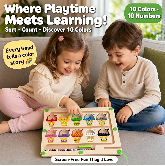 Magnetic Color & Number Maze, Montessori Wooden Puzzle Board, Educational Magnet Toy for Toddlers 2 3 4 5 Years Old, Fine Motor Skills Learning Game, Birthday for Boys Girls (ice Cream)