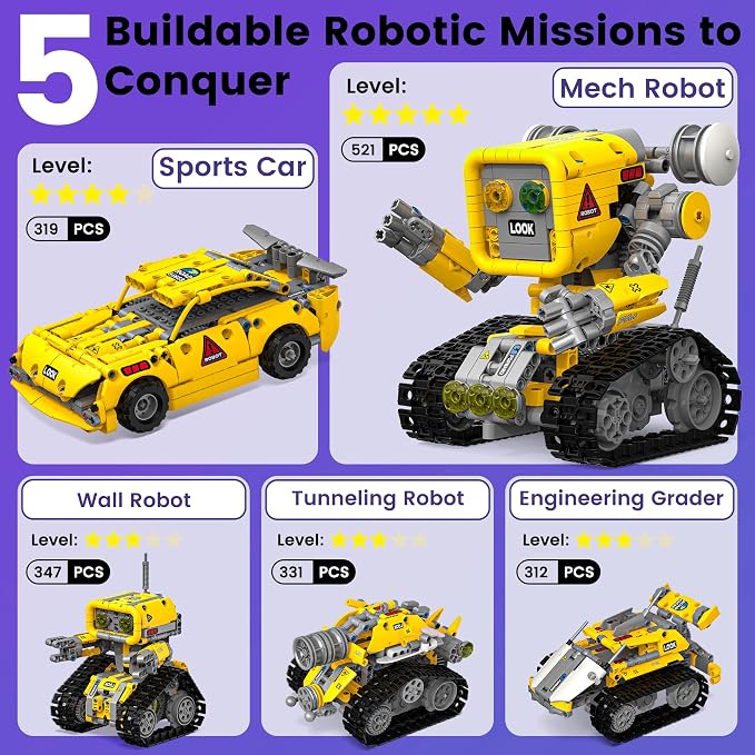 5-in-1 STEM Robot Building Kit, APP & Remote Control Robotics Kit | Build & Rebuild 5 Models with One Kit, Control with App or Remote, STEM Engineering Play, Birthday Gift for Kids Ages 8+