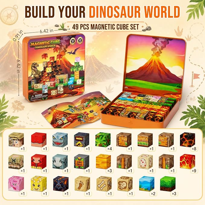 Dinosaur Magnetic Blocks Travel: 49PCS Prehistoric Cubes Toy Set | 4 Story Missions & Explorer Figure for 45+ Min Quiet Focus Game 350g Tin Travel Toy for Car Airplane Activities Kids Ages 3-8
