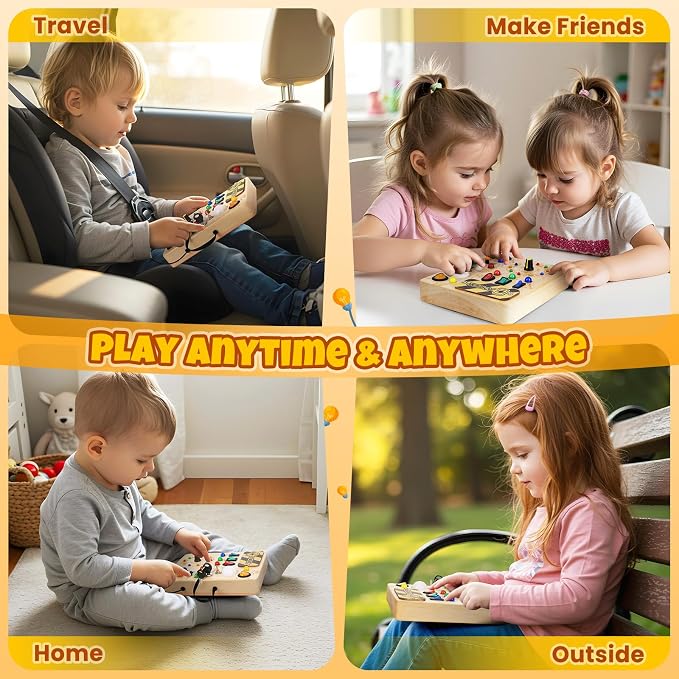 Busy Board, Montessori Toys for 1+ Year Old, Busy Board with 13 Led Light, Wooden Toddler Educational Travel Toy, 1 Year Old Boy&Girl Gifts