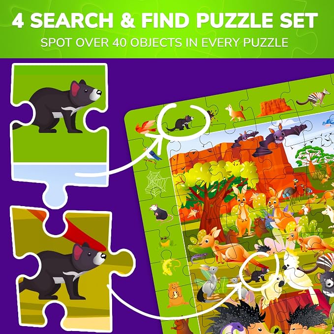 100 Piece Puzzles for Kids Ages 4-6 - 4 Jigsaw Kids Puzzles Ages 6-8 | Search and Find Educational Kids Puzzles Ages 5-8 with Animals and Cars – Toddler Learning Toy Gift for Boys and Girls