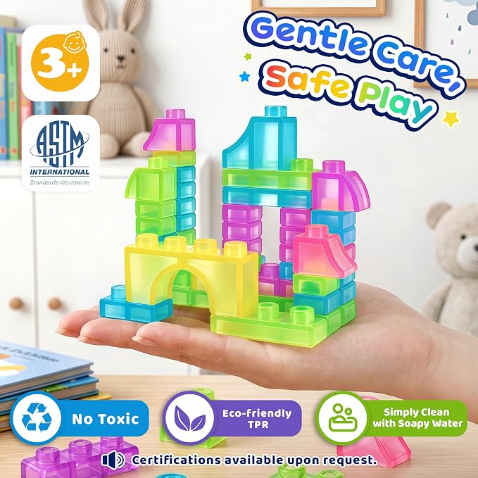 57PCS Soft Glow in The Dark Building Blocks for Toddlers, Dream City | Preschool Educational Creative Play, Montessori Squeezable, Stretchable Early Learning Construction Playset, Puzzle Blocks