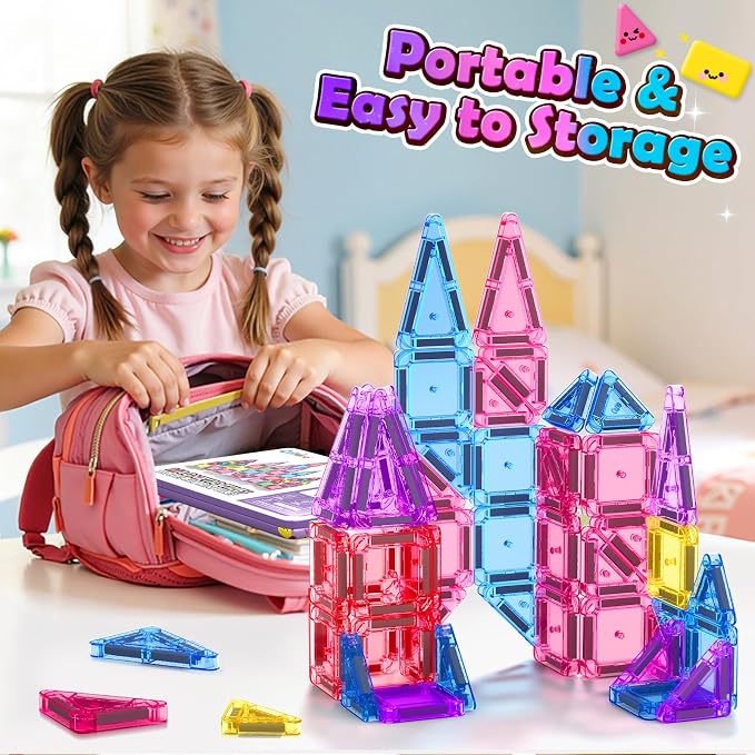 Mini Magnetic Tiles Set with Iron Box , Travel STEM Toys for Toddlers 3+ | Montessori Sensory Toy For 3-8 Kids, Travel Essentials Magnet Blocks, Great Gift For 3-5 Boys & Girls, Classroom Must Have