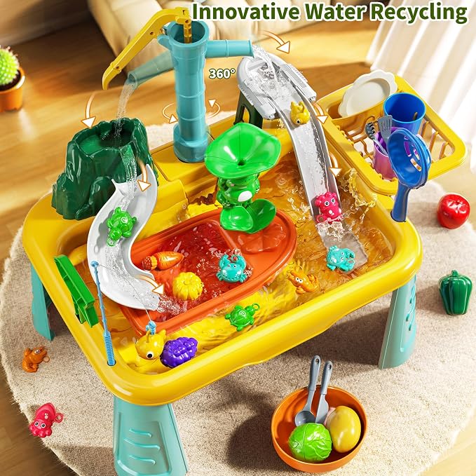 Kids Water Table Play Toy for Toddlers 4-8 Years Old | Kitchen Sink with Pump and Flowing Water, Fishing Games, Outside Sensory Gift Toys for Boys and Girls 3 4 5 6 7 8
