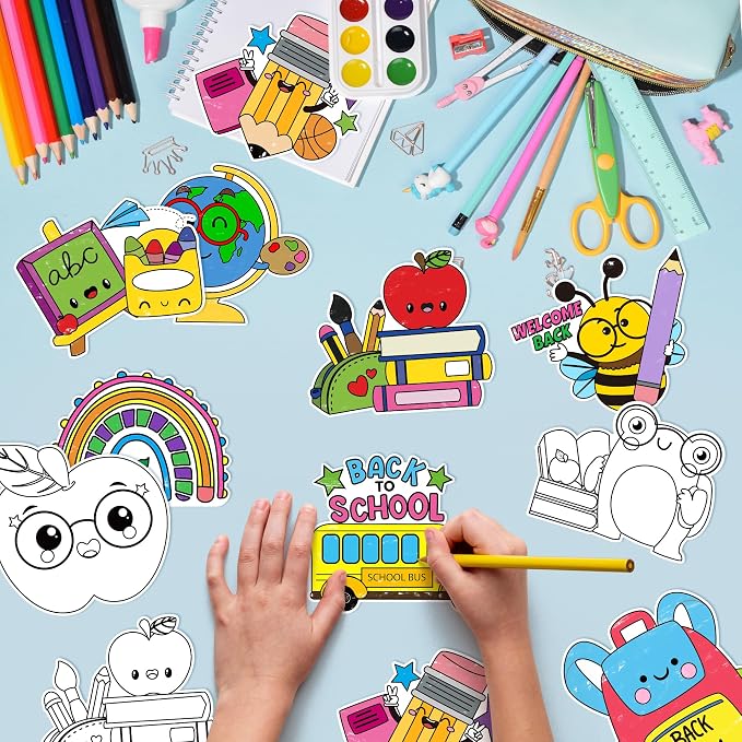Back to School Coloring Arts Crafts Kits - 30Pcs Color Your Own First Day of School Magnets for Kids DIY School Bus Coloring Magnet for New School Year Party Fridge Refrigerator School Activity Decors