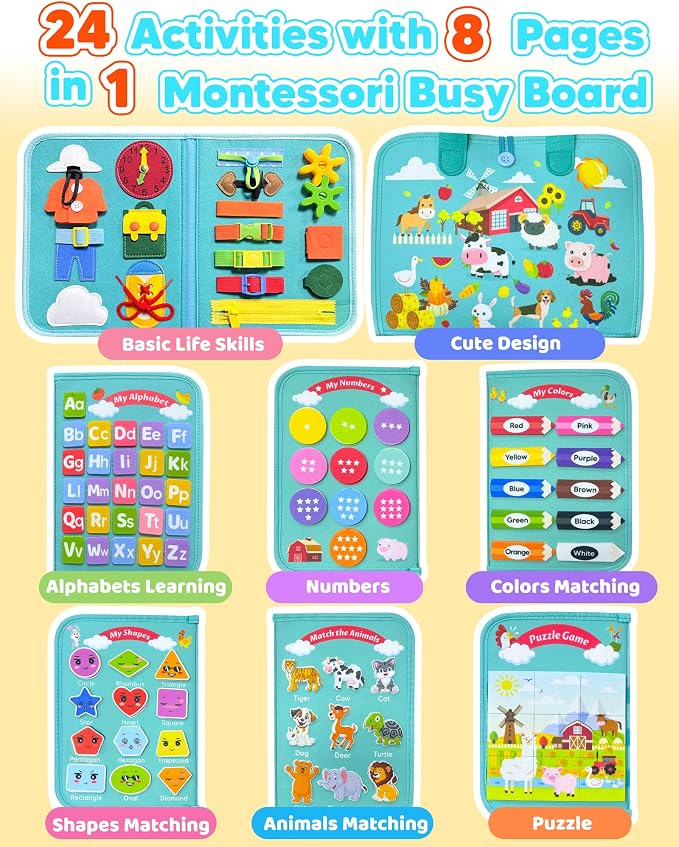 Walenty Busy Board Montessori Toys for Toddler Boy Girl Birthday Gifts | Busy Book for Toddlers, Learning Educational Toy, Airplane Car Travel Toy, Fine Motor Skills Sensory Toys, Toddler Activities
