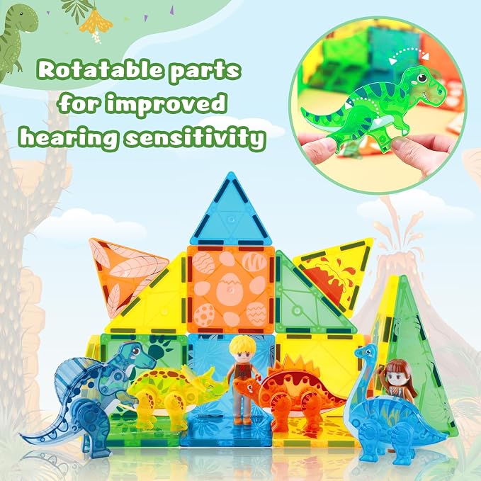 BENOKER Dinosaur Magnetic Tiles, Animals Magnet Building Blocks Toys Gift | 49P Dinosaur magnetic tiles to build vivid dino world scenes. Educational STEM playset, wonderful birthday gift for kids