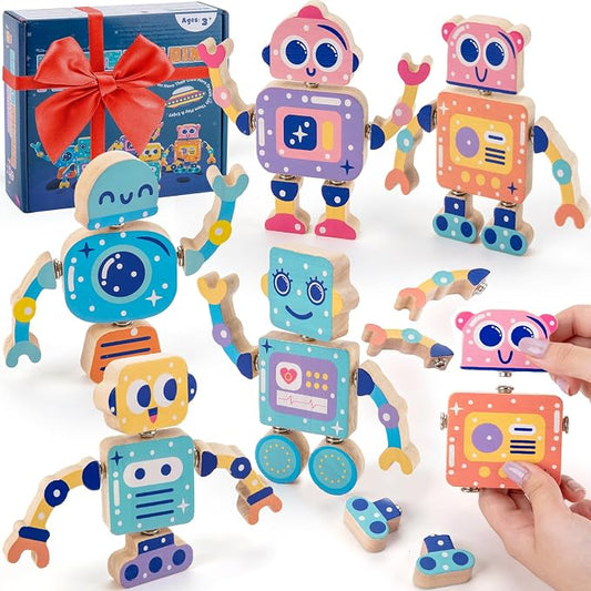 KODATEK Wooden Snap-Together Building Toys, Take Apart Robot Toys Playset | STEM Building Blocks, Fine Motor Skill, Montessori Educational Learning Toys for Boys & Girls Gift