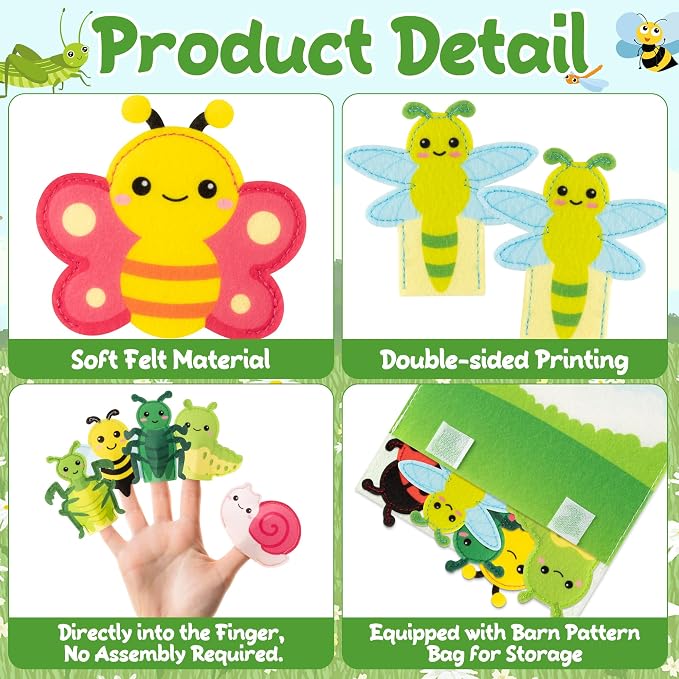 COcnny Insect Finger Puppets Craft - 11pcs Bugs Felt Finger Puppet with Storage Bag Set Making Crafts Kit for Kids, Make Your Own Story Telling Toys, Animals Role Play for Boys Girls Toddles Ages 3-8