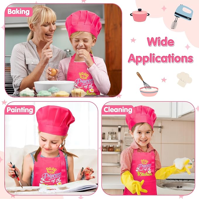 R HORSE 2 Piece Kid Apron and Chef Hat Set, Children Role Play Chef Toy | Rose Red Princess Adjustable Kitchen Apron for Girls, Ideal for Cooking, Baking, Painting, Training, Cooking Birthday Gift
