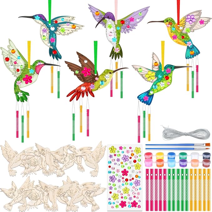 JellyArch 30 Pack Hummingbird Chime Craft Kit for Kids, DIY Painting Set | Wooden Ornament Art, Includes Chime Tubes Paints Brushes Stickers, Bulk Set for Summer Parties Group Activities