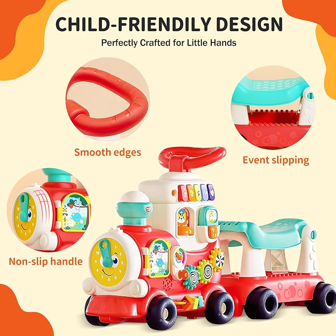 Ride On Train Toy for Toddlers 1-3, 4-in-1 Push and Pull Baby Walker Car | Push, Pull, Sit-to-Stand Walker, Walking Car Toy for Baby 1 Year Old, Indoor Outdoor Toddler Activity Toy