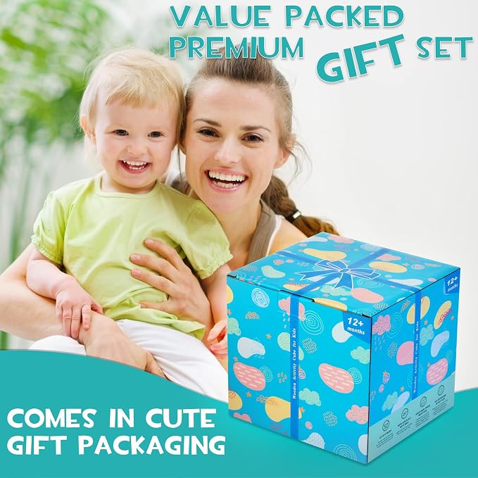 HELLOWOOD Wooden Activity Cube, 8-in-1 Montessori Baby Toys for 1+ Year Old | Educational Learning Toys for Toddlers, 1st Birthday Gift for Boys & Girls, Bonus Sorting & Stacking Board, Ready for Gifting
