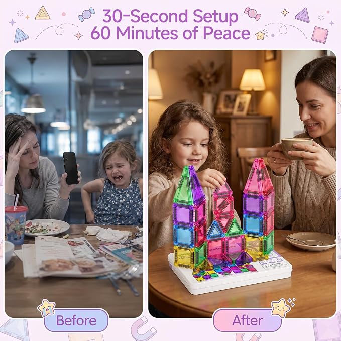 Magnetic Tiles for Kids Travel: 40pcs Portable Mini Building Toy | 30-Sec Iron Case Opens Into 10.6-Inch Play Board - STEM Gift for Toddlers Ages 3-6 - Airplane Road Trip Restaurant