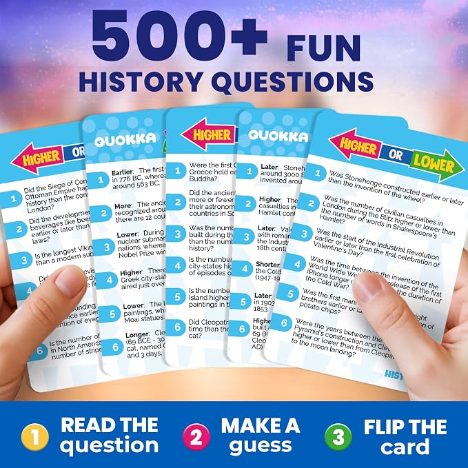 QUOKKA History Board Games for Kids and Adults – Family Board Games for Family Game Night – Higher or Lower Trivia Cards for Kids 8-12 – Guess Fun Questions – Educational Card Game for Families&Teens