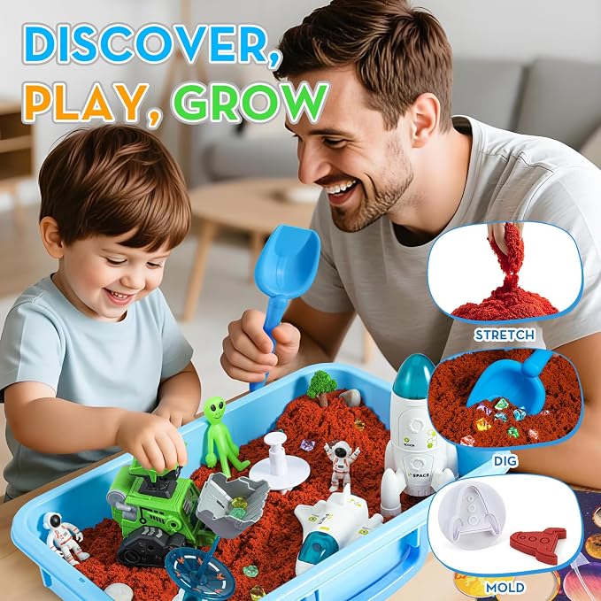 KNASON Outer Space Sensory Bin with Glow in The Dark Alien and Gems for Boy | 2.2lbs Sensory Play Sand Kit, Sandbox with Lid, Planets and Space Toys, Bulldozer, Gift for Kids Ages 3-8, Indoor and Outdoor