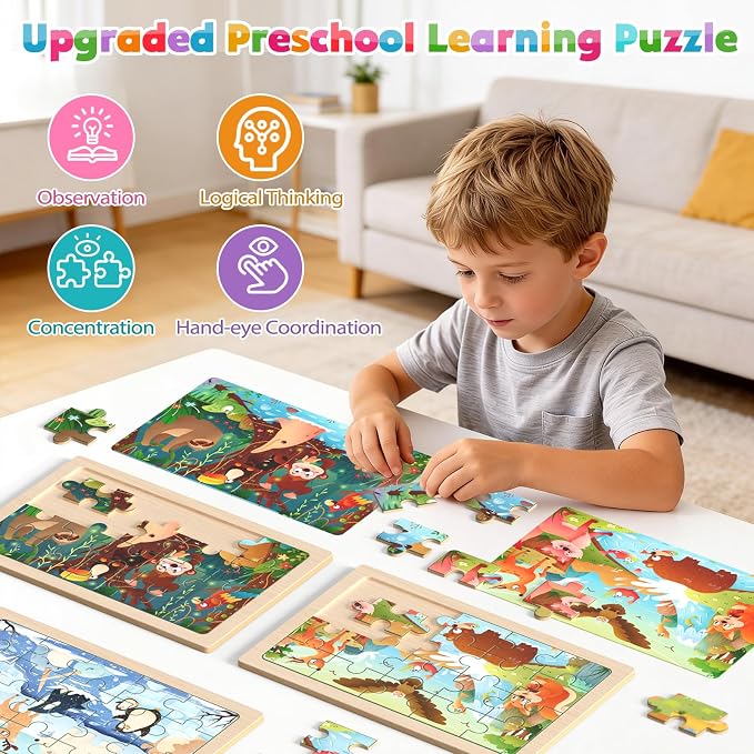 Zeoddler Wooden Puzzles for Toddlers, 4 Pack Animal Jigsaw Puzzles for Kids3-5, 20 Pieces Preschool Learning Activities, Learning & Educational Toys, Gift for Boys, Girls