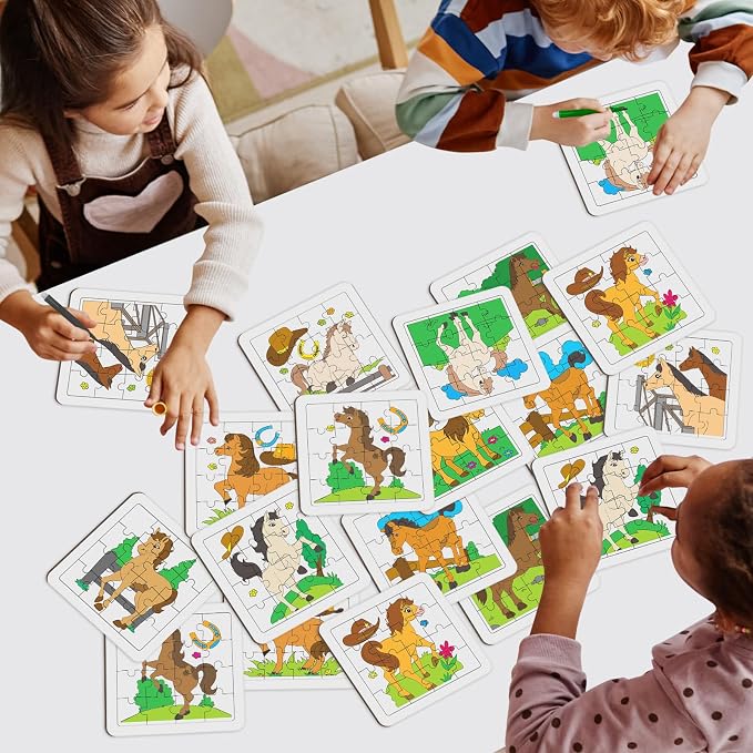 Cinrobiye 24 Pcs Horse Coloring Jigsaw Craft Kit for Kids, DIY Farm Pony Activity Set Bulk with 12 Designs, Rodeo Birthday Party Favors, Classroom Art Projects, Western Theme Supplies
