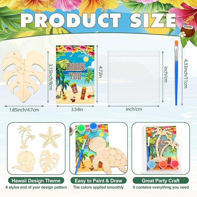 Saypacck 24 Pcs Hawaiian Party Favors Wooden Paint Craft Kits | Summer Tropical Party, Wooden DIY Painting Activity Sets with Organza Bags, Goodie Bag Fillers for Kids Guests