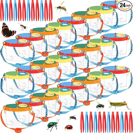 Halloscume 24 Pcs Bug Catchers for Kids Collection Viewer for Kids Critter Insect Cage Bug Tweezer Magnifying Insect Box Magnifier Container Butterfly Catcher Cage, Science Nature Exploration Tools
