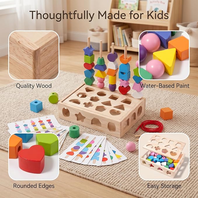 Sorting Stacking Sequencing Lacing Beads Toy with Pattern Cards | 4 in 1 Montessori Wooden Shape Sorter Toy, Fine Motor Skills Learning Toy for Toddlers Preschool Boys Girls