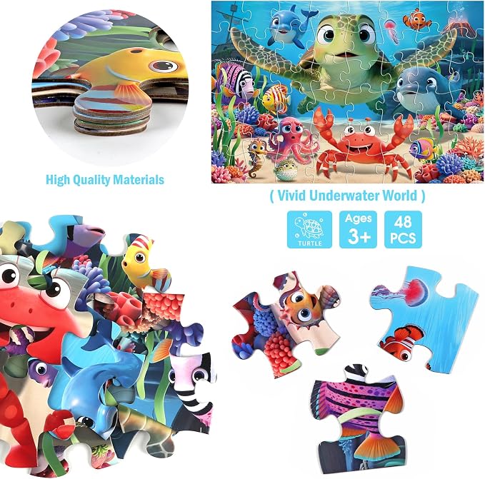 Jumbo Floor Puzzle for Kids, 48 Piece Animal Sea Turtle Puzzle Ages 3-8 | Extra-Thick Easy-Grip Pieces Form a 35.4 x 23.6-Inch Underwater Scene,Preschool Learning Educational Gift for Boys and Girls