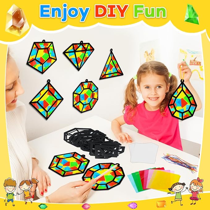 Lonfliness 32Sets Jewel Suncatchers Ornaments Kit DIY Window Stained Glass Effect Paper for Sun Catchers Craft Home Decor Creative Art Projects Activity Birthday Gift