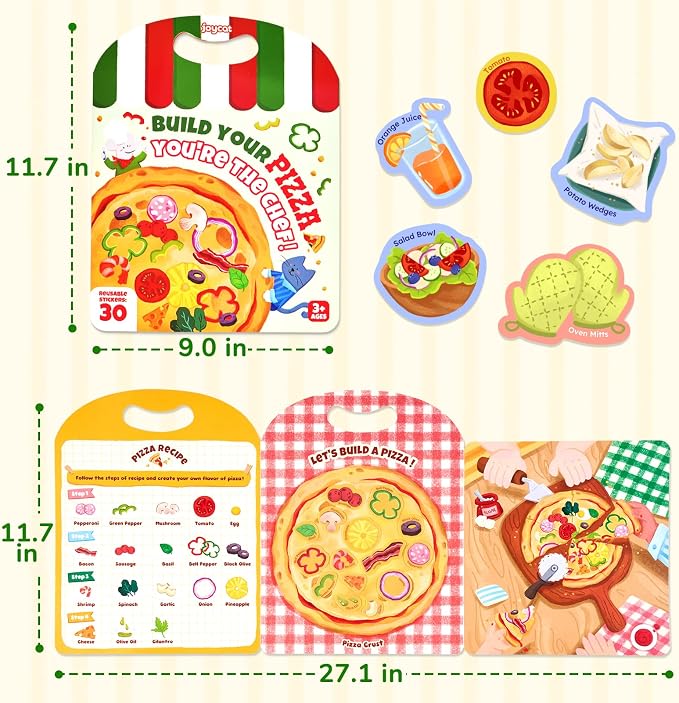 JoyCat Reusable Pizza-Making Sticker Book, Travel Toys for Toddlers & Kids | Washable stickers, kids car activities, airplane toy, road trip fun, toddler activity, birthday gifts for boys and girls