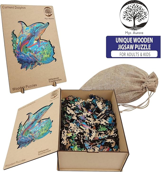 Mys Aurora Wooden Puzzles, Dolphin Jigsaw Puzzles 200 Pieces | Unique Shaped Wooden Puzzles for Adults and Kids, Family Game 11.4x11 Inch