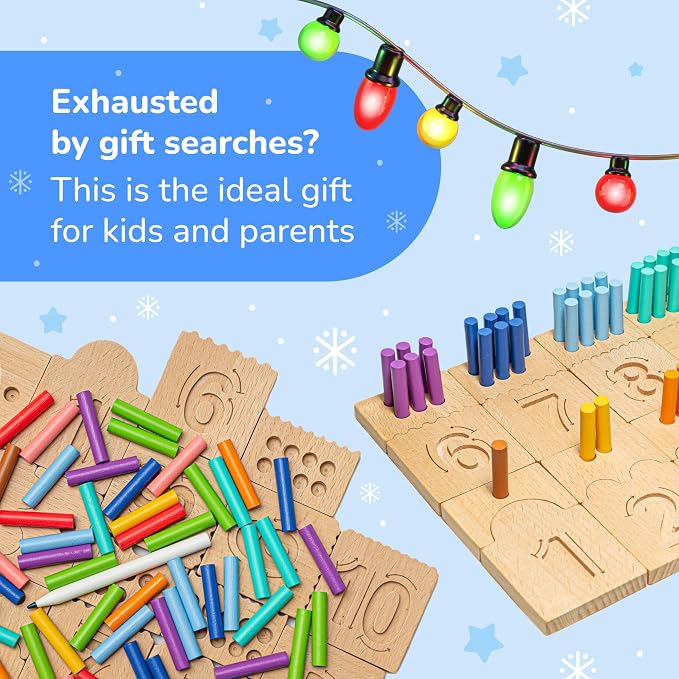 Peg Board for Toddlers - Wooden Counting Peg Board and Number Tracing Set, Montessori Math Toy for Preschoolers and Kindergarten (55 Pegs, 10 Boards, 1 Pencil)