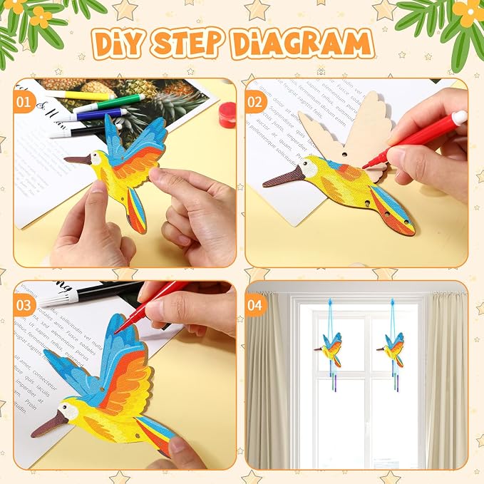 Leinuosen 30 Pcs Wind Chime Kit Make Your Own Hummingbird Crafts for Kids | DIY Hummingbird Windchimes Crafts Decorative Coloring Wooden Crafts for Spring Summer Party Art Activities Home Patio Decor