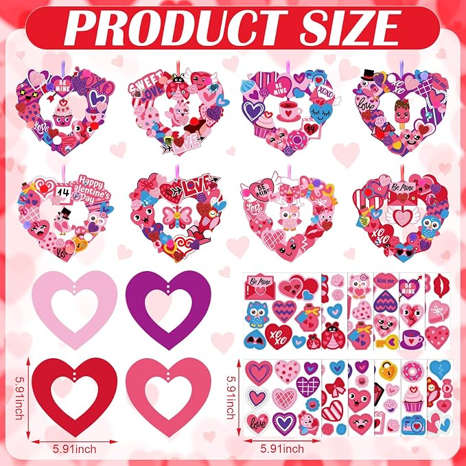 Hollowfly 48-Set Valentine's Day Wreath Craft Kit, 8 Paper Designs | Heart, Bird and Envelope Stickers, 5.91 in Make-and-Hang Wreaths, DIY Crafts for Home and Valentine Party Activities