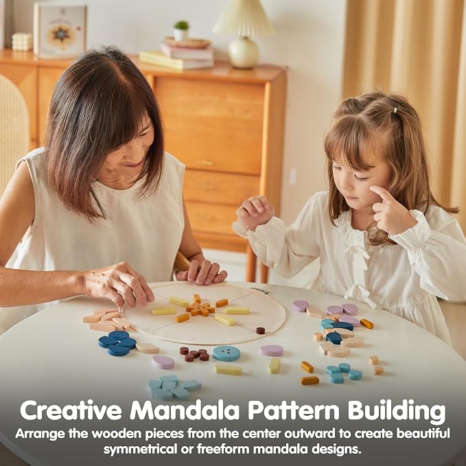 PlanToys® Wooden Mandala Set Montessori Inspired Open Ended Kids Play | loose pieces, sensory toys, montessori toys, girls, boys, creative spatial mindful fine motor gift preschool learning set