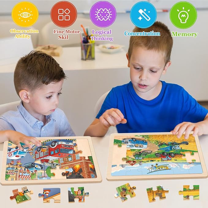 Wooden Puzzles for Kids Ages 4-6, 4 Pack with 24 Pieces Jigsaw Puzzles Preschool Educational Toys Gifts for Children Ages 3-5, Kids Toys Gifts for 4+ Year Olds Boys Girls