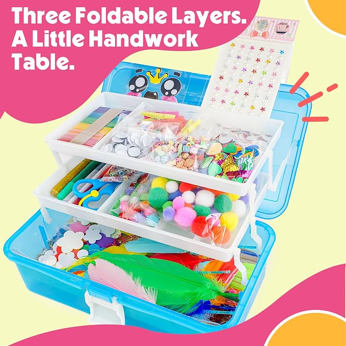 SMILESSKIDDO Kids Arts and Crafts, 1000+ PCS Craft Kits with Storage Box | Portable 3-Layer Folding Storage Box, 1000+ Pcs DIY Craft Supplies, School Craft Projects, Gifts for Girls Ages 4-12