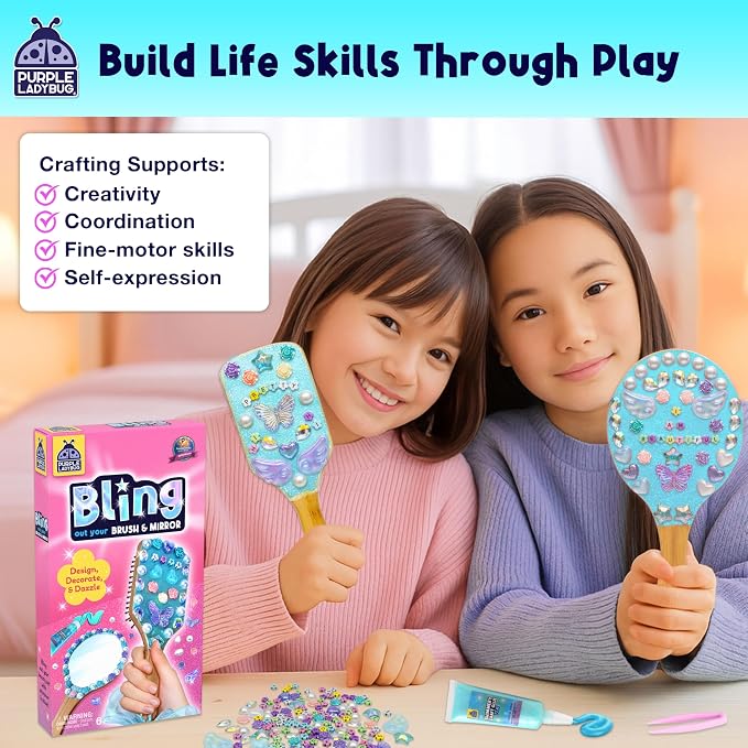 Decorate Your Own Wooden Hairbrush and Handheld Mirror Craft Kit | DIY Kits for Kids, Princess Mirror, Bedazzling Gems and Beads, Gift for Girls, Screen Free Activity for Girls Ages 6-12