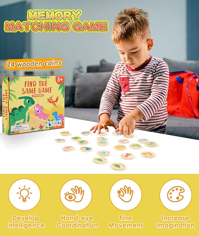 Wooden Memory Game for Kids, 24 Dinosaur Matching Cards | Educational Preschool Toy with Smooth-Edged Tiles Develops Focus, Recall and Visual Recognition for Classroom and Family Play