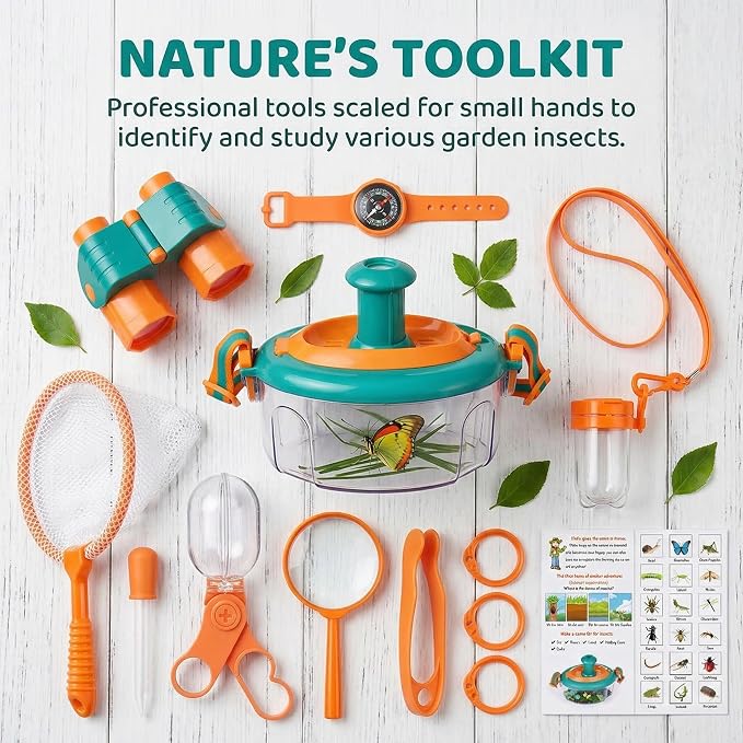 Bug Catcher Kit 13 Pcs - Insect Catching Set with Net, Habitat, Magnifier & Tweezers - STEM Outdoor Toy for Kids Age 3+ (Orange 13 Pcs)