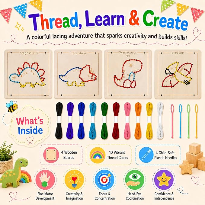 Montessori Wooden Lacing Dinosaur Toys for Toddlers and Kids Ages 2-4 5-7, Sewing Kit Fine Motor Skill Busy Board, Education Sensory Preschool Toy for 1 2 3 4 Year Olds, Birthday Gift for Boys Girls