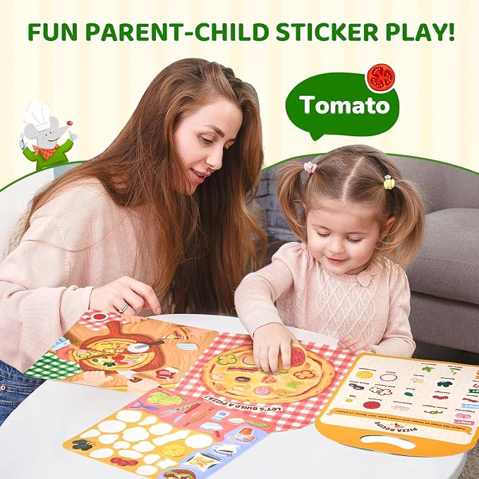 JoyCat Reusable Pizza-Making Sticker Book, Travel Toys for Toddlers & Kids | Washable stickers, kids car activities, airplane toy, road trip fun, toddler activity, birthday gifts for boys and girls