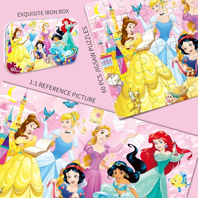 Kids Puzzle Ages 3-8, 60 Piece Jigsaw Puzzles in Metal Box, Educational Learning Toys for Boys and Girls, Premium Puzzle Games