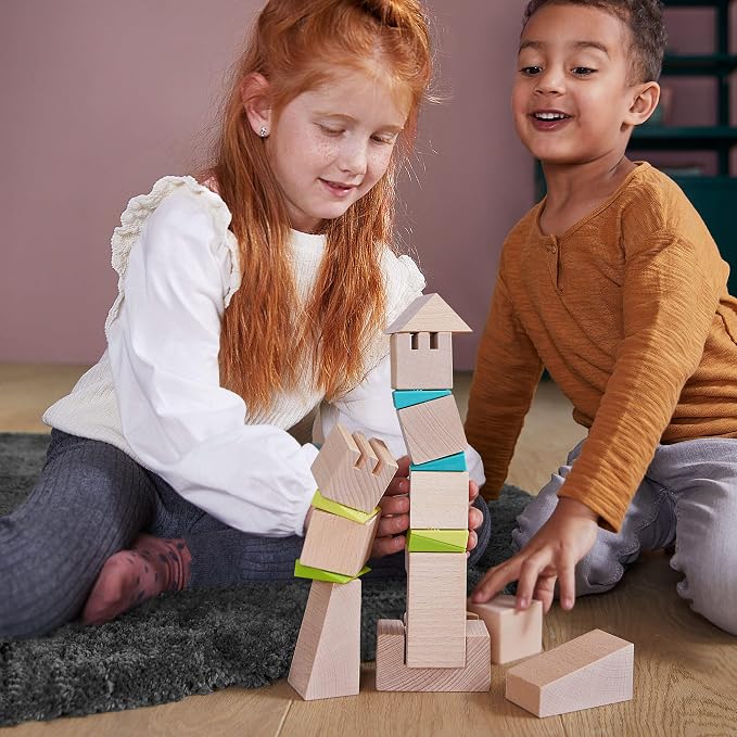 HABA Kids Building Blocks Set Crooked Tower, 19 Wooden Blocks and 6 Wedges with Pattern Cards for Toddlers 4+, Wood Stacking Toys Made in Germany