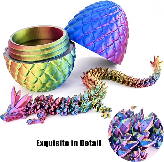 12" 3D Printed Dragon Eggs with Dragon, Articulated 3D Fidget Toys for Kids | Crystal 3D Dragon Toys for Boys Girls, 3d Printed Animals, Dino Dinosaur Eggs Toys, Easter Basket Stuffers（Red Yellow Blue）