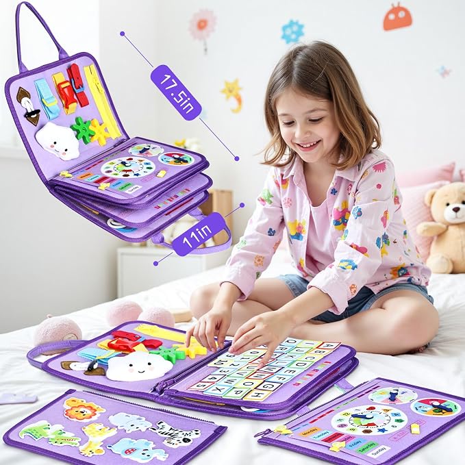 Esjay Busy Board Montessori Toys for Girls, Sensory Book Educational Activities Learning Fine Motor Skills, Birthday Gifts for Girls, Travel Toys for Airplane Car, Purple Multipages