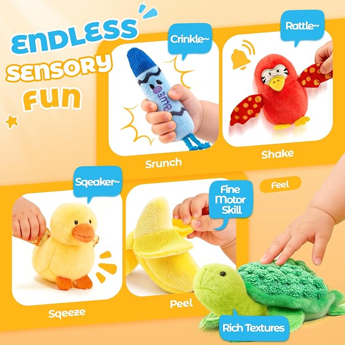 JoyCat Montessori Baby Toys 6-12 Months, 12PCS Sensory Sorting Boxes | Soft boxes with animal, fruit and crayon plush pieces for color sorting, in/out play, textures and little-hand practice